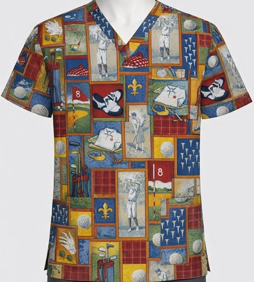 S11813 - NOSTALGIC GOLF Sports Print Scrub Tops