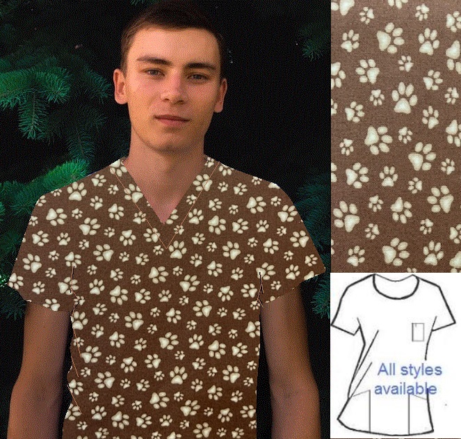 paw prints mocha veterinary print scrubs