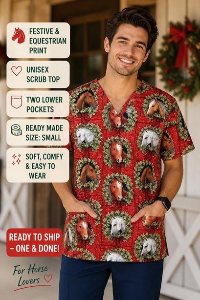 horse in holiday flair scrub top