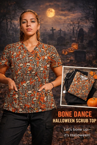 Bone Dance skeleton print scrub top