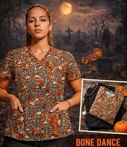 BH2521 - BONE DANCE skeleton print scrub tops