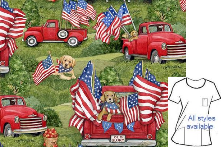 patriotic red truck veterinary print scrubs