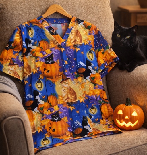 HF32226 - PUMPKIN LANTERN CATS halloween scrub tops