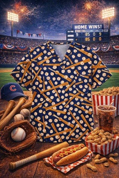 Balls and Bats baseball print scrub top