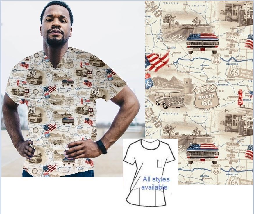 route 66 patriotic print scrubs men