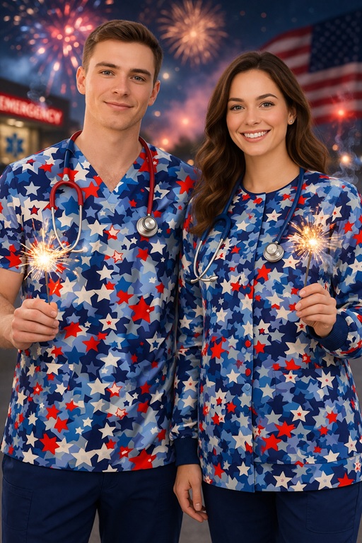 Independence Party patriotic print scrub tops