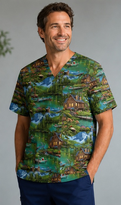 Cabin Reflections unique print scrub top