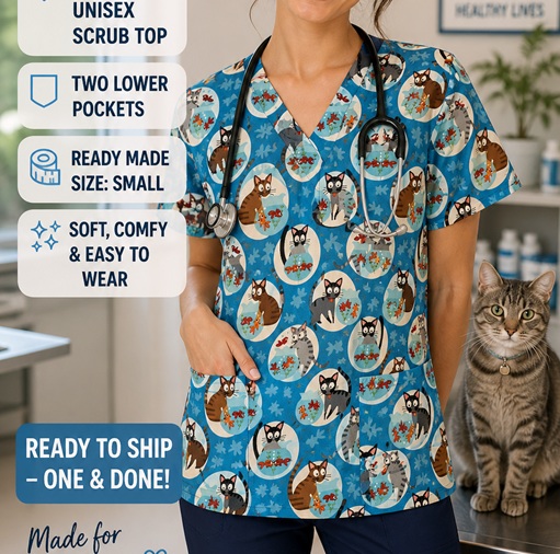 RM1122171150S - CATS LOVE FISH - Veterinary print scrubs