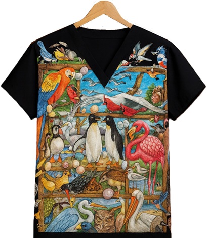 world of parrots scrub top with birds
