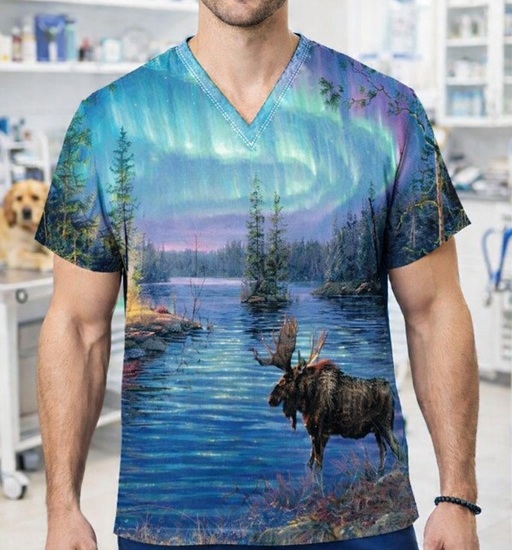 ANAW21826 - Borealis Reflections  moose print scrub tops