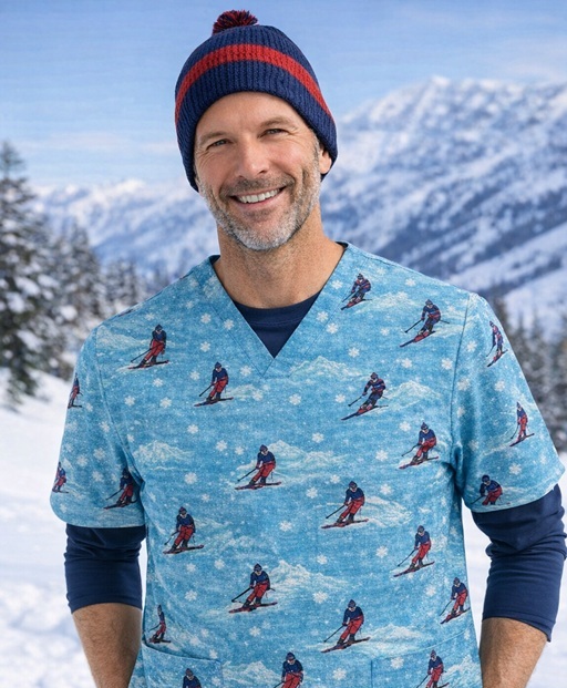 SCH4326 - ALPINE SNOW SKIERS winter print scrub top
