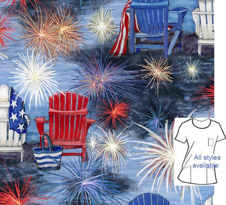 PAT4922 - Beach Fireworks patriotic print scrubs
