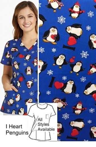 H101525 - I Heart Penguins holiday scrub tops