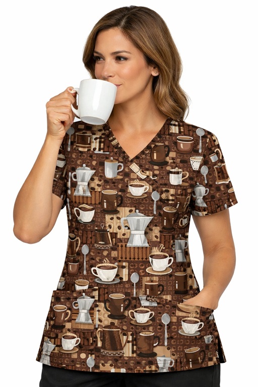 Perk Me Up coffee print scrub tops