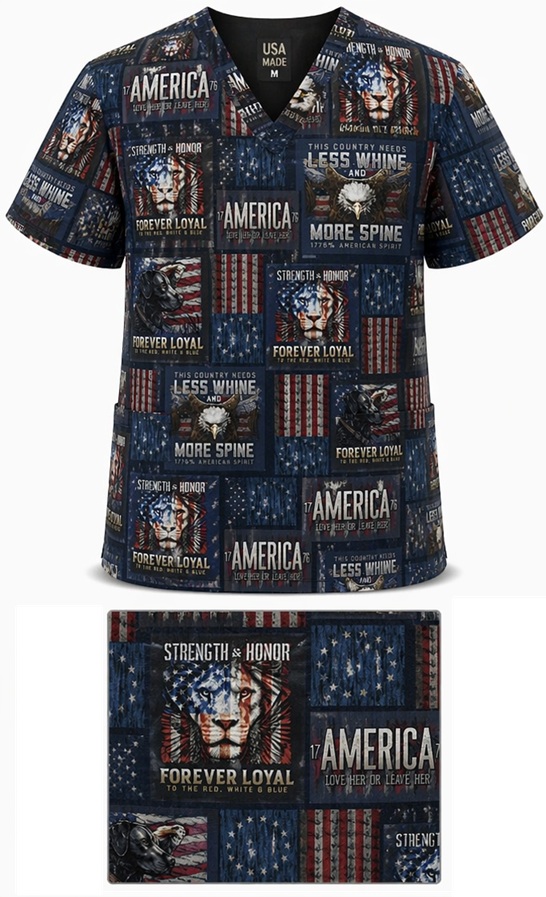 Strength & Honor patriotic print scrub tops