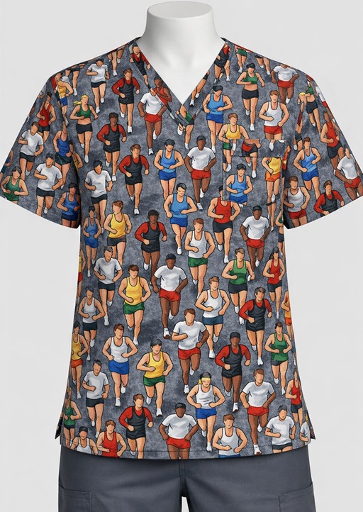 Marathon Runners sports print scrub top