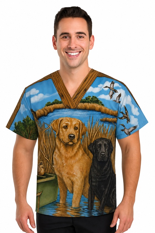 RM2926S - LOYAL LABS AT SUNRISE veterinary scrub top