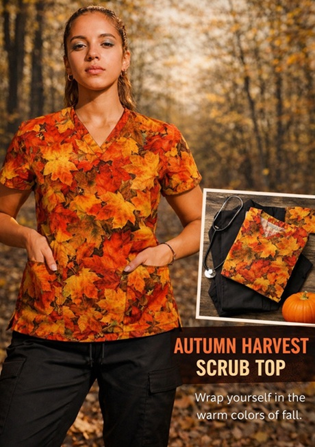 Harvest Time halloween fall print scrub tops