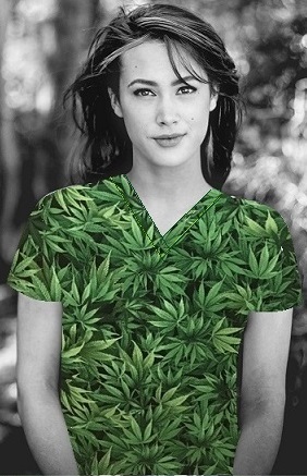 girl wearing green cannabis printed cotton scrub top