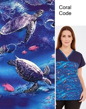 girl wearing a blue sea turtle print scrub top
