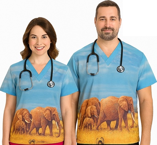 man and woman modeling elephant print scrub tops