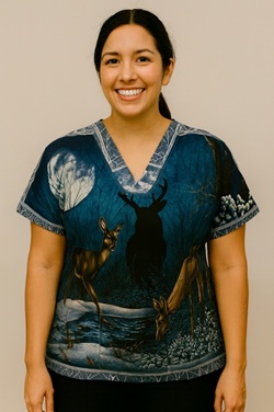 woman modeling the night watch scenic deer scrub top