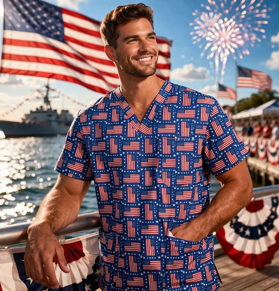may standing by lake in his patriotic print scrub top with flags