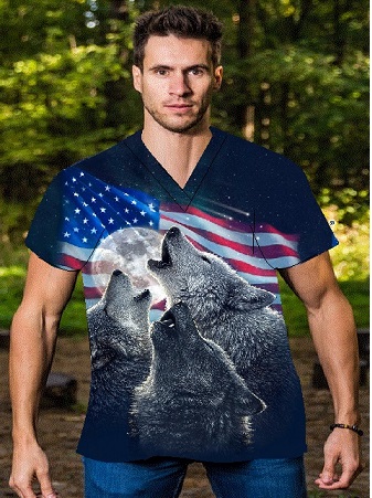 man wearing patriotic print scrub top