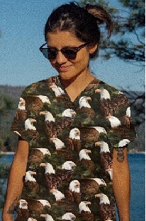 lady wearing an animal print scrub top with bald eagles