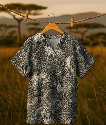 animal print scrub top hanging on a clothes line in Africa