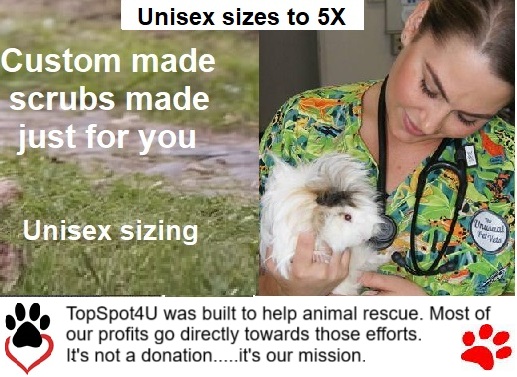 Custom animal print scrub top for men and women, ethically made in the USA, unisex sizing to 5X