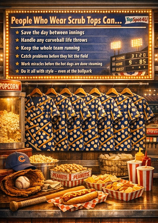 concession stand at baseball game selling scrub tops and food