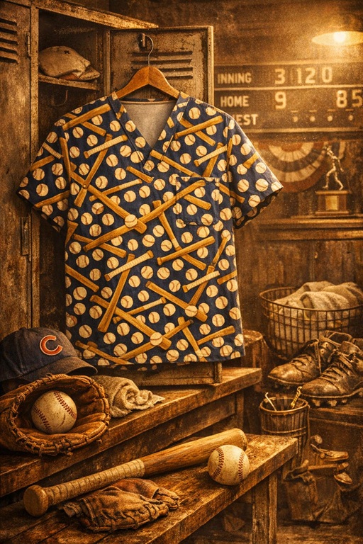 baseball print scrub top in a baseball team locker room