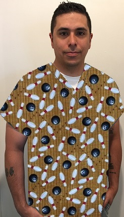 man wearing bowling print scrub top shirt