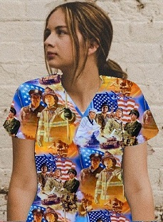 woman modeling a military patriotic scrub top