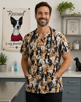 veterinarian modeling a dog print scrub top in a clinic setting
