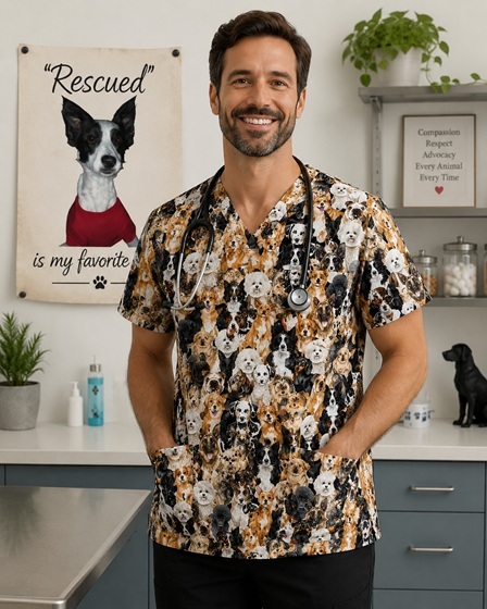 veterinary dog print scrub top modeled on man in clinic setting