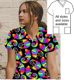 girl wearing colorful chameleon scrub top looking towards the right