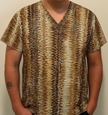 unique custom made scrub top for men in cotton featuring a textured copper and cream wave pattern. Ideal for nurse and veterinary profesionals.