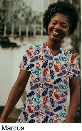 girl wearing a patriotic print scrub top with flip flops