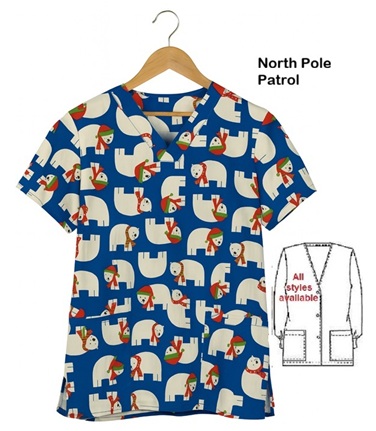 North Pole animal print scrub top, unisex sizing to 5X, custom made for vet techs and nurses