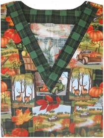 seasonal print scrub top with pumpkins and green plaid v-neck