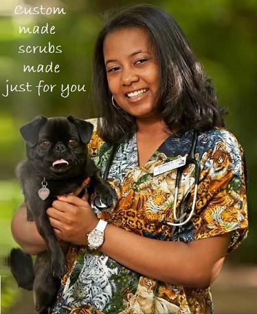 high school girl holding dog and wearing animal print scrub top with tigers