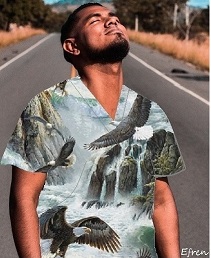 person in road wearing a cotton scrub top with eagles