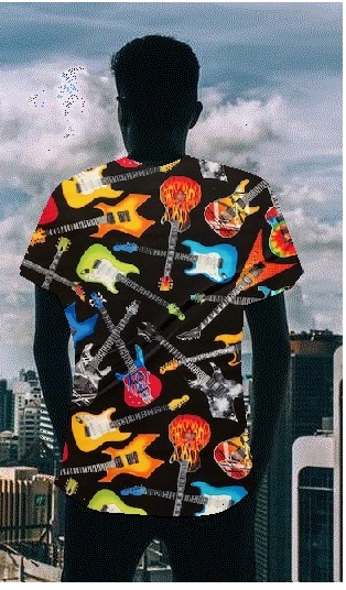 man wearing guitar print scrub top shirt