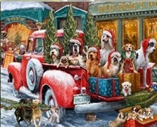 man wearing Christmas holiday scrub top with rescue dogs and red truck
