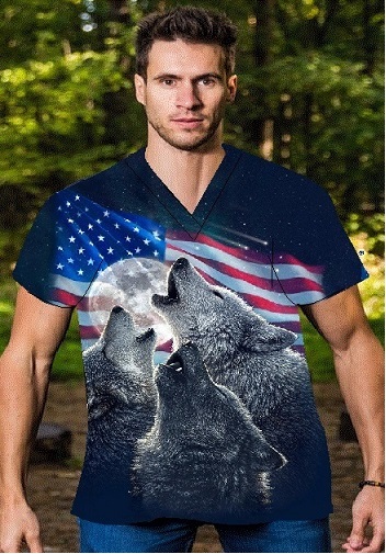man wearing patriotic scrub top with wolves