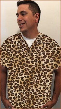 man modeling a leopard print scrub top