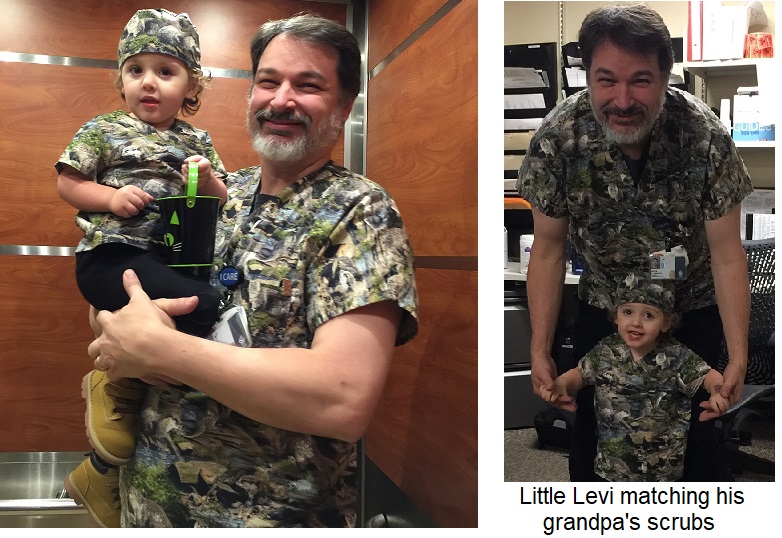 man and boy wearing matching scrub top uniforms