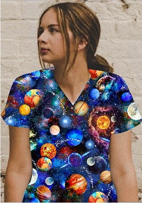 woman wearing a space celestial print scrub top
